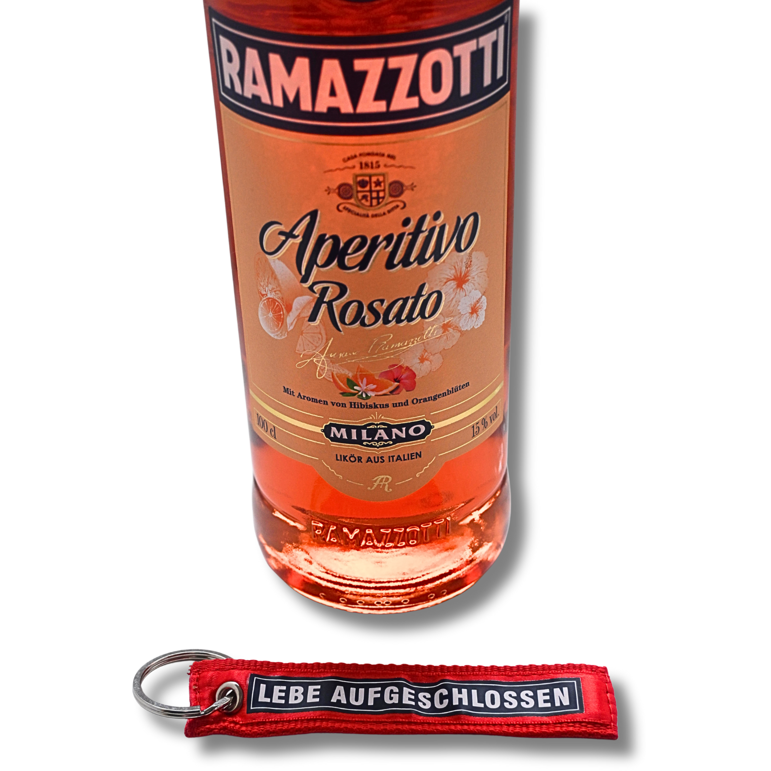 Ramazzotti Aperitivo Rosato 1,0 Liter und 15 % Vol. ( Set mit Schlüsselanhänger Schriftzug " Lebe Gesund / Lebe Aufgeschlossen) – Bild 2