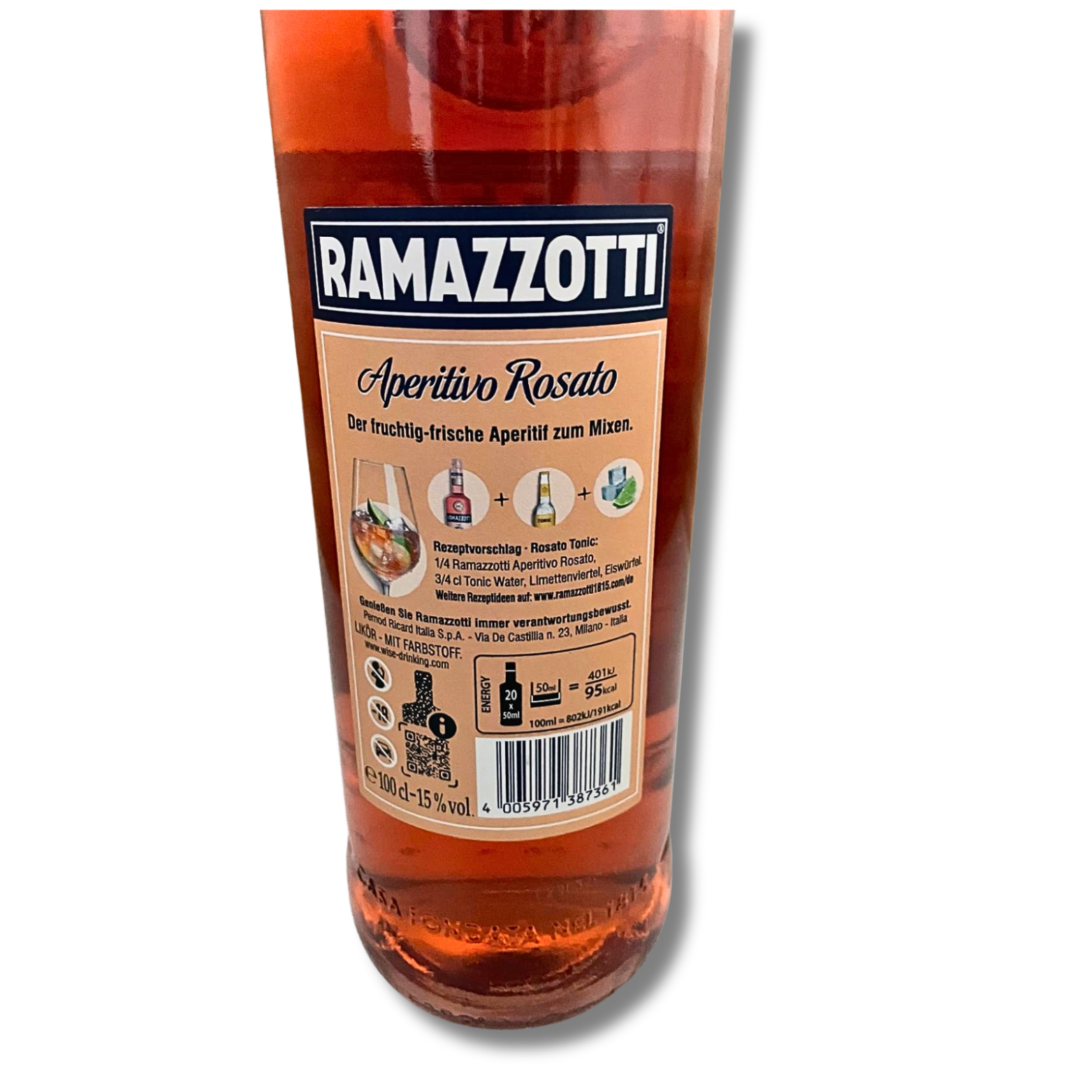 Ramazzotti Aperitivo Rosato 1,0 Liter und 15 % Vol. ( Set mit Schlüsselanhänger Schriftzug " Lebe Gesund / Lebe Aufgeschlossen) – Bild 3